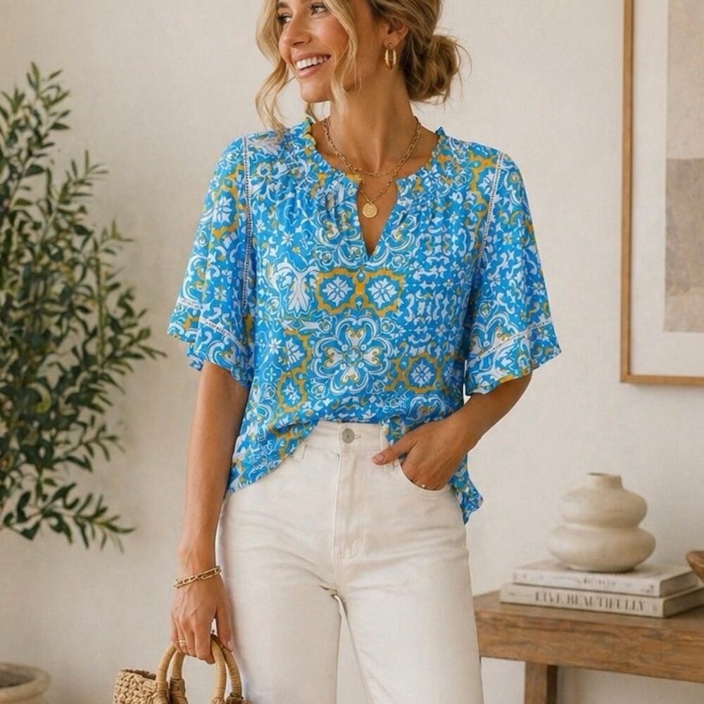 Ann Taylor Floral Short Sleeve Ruffle Trim Blouse Blue White Women's Size M NWT